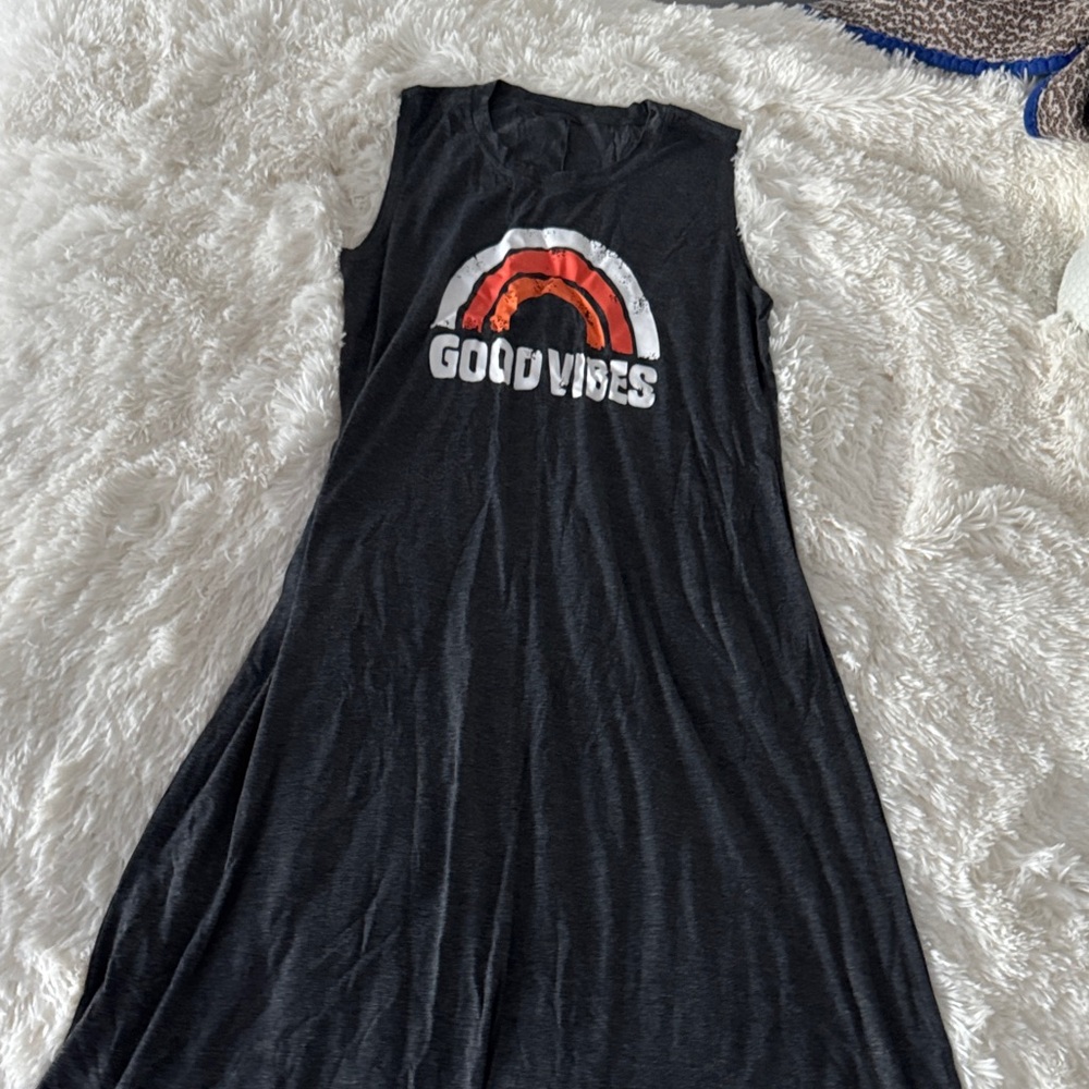 Black Sleeveless Dress with Good Vibes Graphic